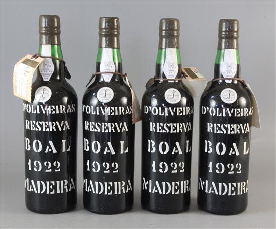 Four bottles of DOliveiras Reserva Boal Madeira, 1922.